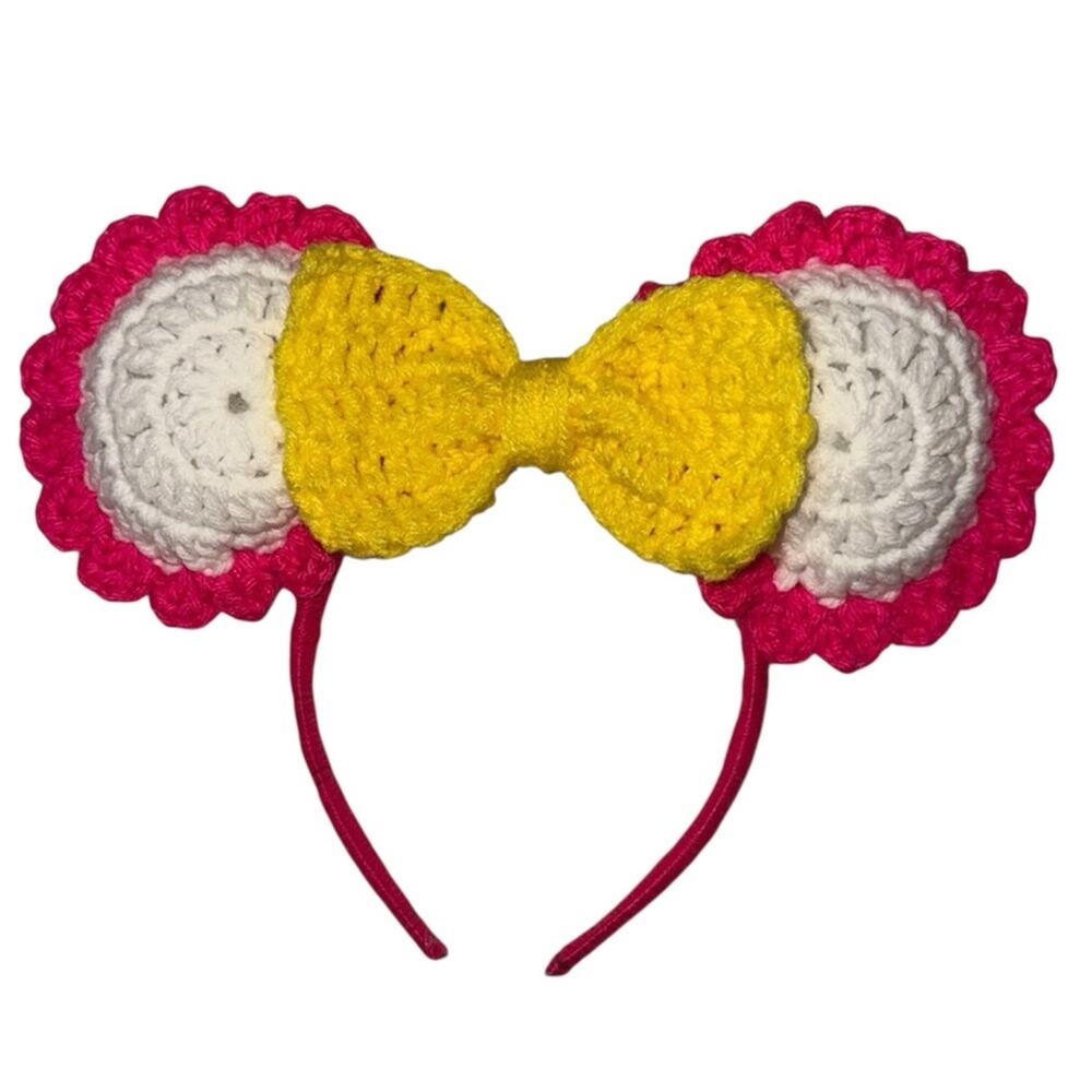 Creaciones Cayana Handmade Crochet Bow Headband in Pink, Yellow, and White
